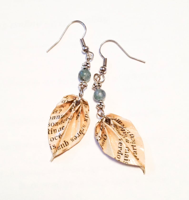 Book Worm Earrings,Book Lover Gift,Up-cycled Vintage Book Origami Leaf Earrings,Literary Gifts,Book Jewelry,Upcycled Jewelry,Book Worm,Books image 1