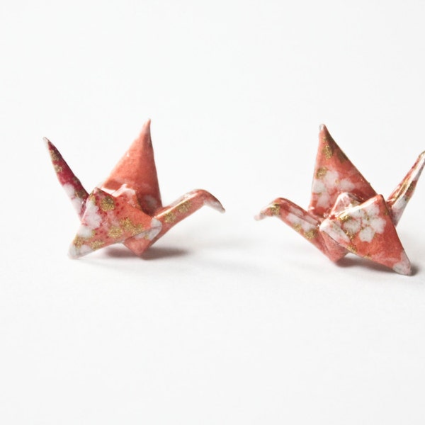 Handmade Origami Crane Pink Post Earring, Origami Earrings, Origami Jewelry, Paper Crane Earring, Tiny Stud Earring, Cute Studs, Pink & Gold