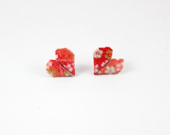 Pink, Red and Gold Flower Origami Heart Valentine's Day Post/ Stud Earrings