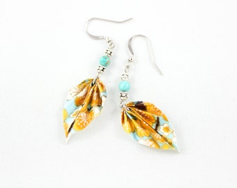 Small Turquoise Yellow Spring Blossom Origami Leaf Earrings