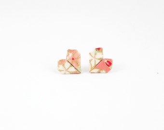 Valentine's Day Origami Heart Earring, Origami Jewelry, Heart Studs, Tiny Stud, Post Earring, Cute Studs, Peach, Coral & Mint Blossom