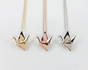 Bridal Jewelry,10k gold Paper Crane Necklace,Bridal Jewellery,Mother of Bride Gift,First Anniversary Gift,Gold Anniversary Gift,Paper Crane