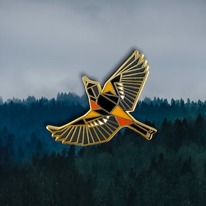 Broche de esmalte de oropéndola de Baltimore, broche de esmalte de pájaro, joyería de origami, broche de oropéndola, amante de las aves, regalo de aves, broches de aves, regalos para observadores de aves, broche de pájaro oropéndola
