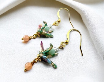 Colorful Origami Crane Earrings with Sunstone and Amazonite