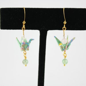 Mint & Gold Origami Crane Earrings with Aventurine and Rose Quartz