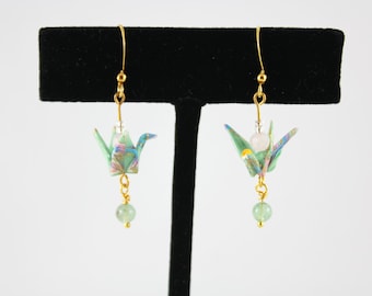 Mint & Gold Origami Crane Earrings with Aventurine and Rose Quartz
