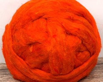 Silk Sari Fibre (Dyed Bright Orange) 100g  Top Roving Sliver Spinning Felting Soap Making