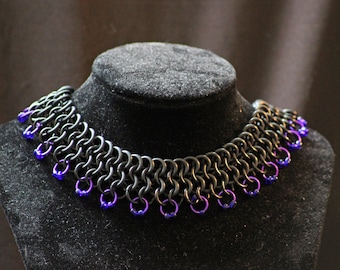 Black and Blue Beaded Chainmail Necklace