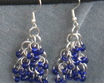 Blue and Silver Shaggy Chainmaille Earrings