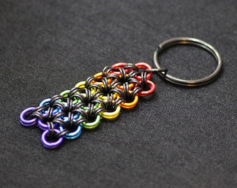 Rainbow Pride Chainmaille Keychain in a Japanese Weave