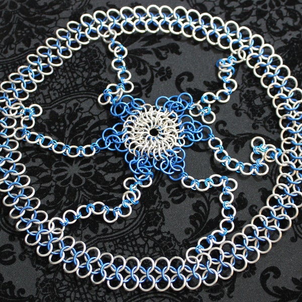 Silver and Blue Chainmaille Headdress: Cosplay, LARP, or Renaissance Fair