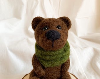 Needle Felted Wool Teddy Bear, Handmade Miniature with Scarf