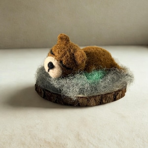 Puede incluir: Figura de oso marrón de fieltro hecha a mano, descansando sobre una cama de fieltro gris y verde. El oso tiene una nariz negra y está acostado sobre una base de rodaja de madera. La figura es un artículo decorativo encantador.