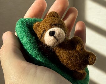 Needle Felted Sleeping Bear, Tiny Wool Teddy Figurine