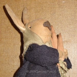 May include: A brown and tan rag doll bunny with a black nose and one black eye. The bunny is wearing a black jacket and a tan scarf. The bunny is holding its hands together in front of its chest.