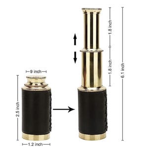 Peut inclure: Une lunette de marine en laiton avec un revêtement en cuir noir. La lunette mesure 6,1 pouces de haut, 1,8 pouce de large et 1,2 pouce de diamètre. Elle est fermée et prête à être déployée.