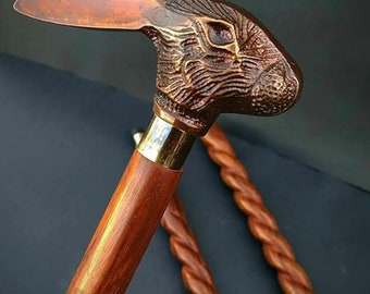Rabbit Head Steampunk Walking Stick Victorian Handmade Cane Wooden Vintage Handle