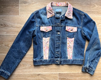 Woman Denim Jacket | Customized Denim Jacket with Pastel Pink Flowers | Liberty Print Denim Jacket | Unique Jacket | Woman Fashion