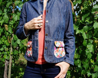 Flower power - Unique customized denim jacket in size L