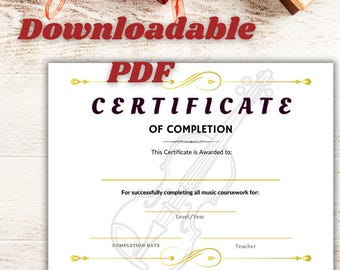 Certificado de finalización de teoría musical para violín: regalo para estudiantes de música (PDF)