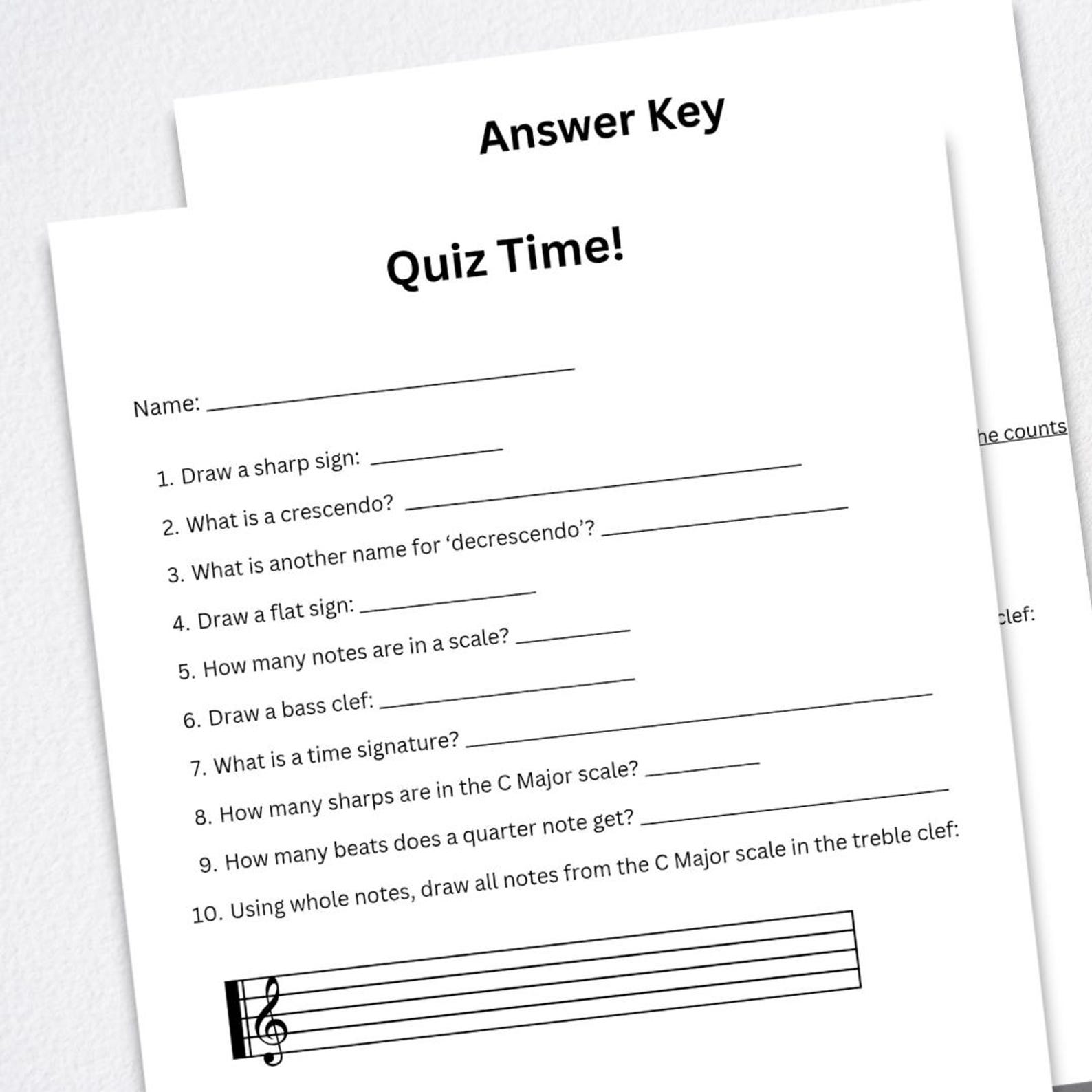 Printable Quiz on Music Theory for Student Piano Theory Quiz Resource for Music Teacher Practice ...
