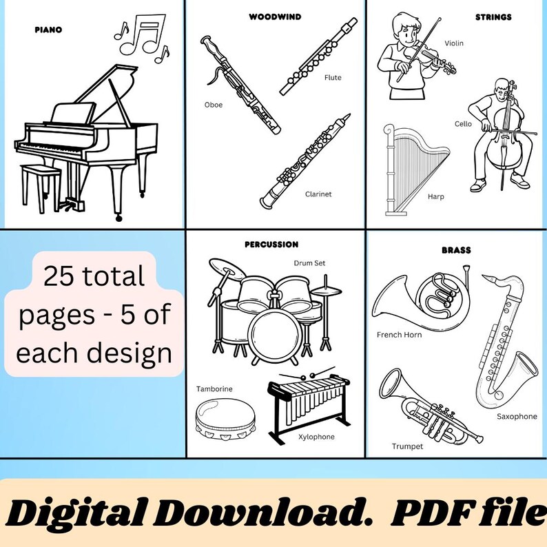 Printable Coloring Pages for Kids With Musical Instruments - Etsy