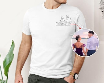 Custom Family Photo Portrait T-Shirt, Personalised Outline Sketch Printed T-Shirt, Faceless Portrait Couple Matching Tee, Best Gift for Him
