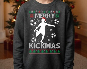 Sudadera navideña de fútbol juvenil, Suéter navideño feo "Merry Kickmas", Sudadera navideña de cuello redondo, Camisetas festivas de fútbol, Regalos de Navidad