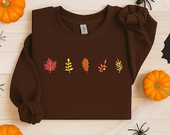 Besticktes Herbst Blatt Sweatshirt, Halloween Herbst Blätter Rundhals Pullover, Kuschliger Damen Pullover, Thanksgiving Geschenke, Halloween Geschenke