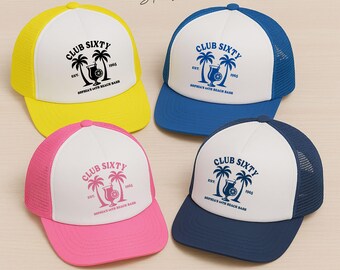 Personalised Beach Party Hats, Custom Birthday Club Trucker Hat, Bachelorette Party Favours Printed Hat, 60th Birthday Hats, Summers Gift