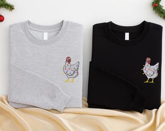 Christmas Chicken Sweatshirt, Embroidered Farm Animal Crewneck Sweater, Chicken With Christmas Lights Jumper, Xmas Holiday Top, Gift for Her