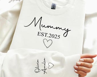 Custom Mummy Sweatshirt, Personalised Mummy Sweater with Kids Names on Sleeve, Mama Est Printed Sweatshirt, Mother's Day Gift, Gift for Mum