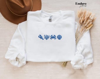 Seashells Embroidered Sweatshirt, Ocean Lover Crewneck Sweater, Nautical Summer Sweater, Coastel Beach Vibes Jumper, Cozy Sea Life Sweater
