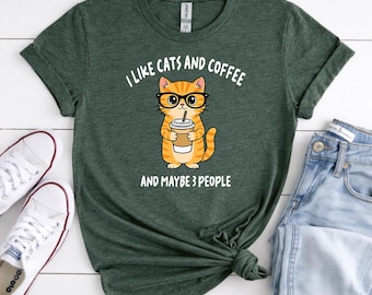 I Like Cats and Coffee Shirt, Retro Coffee Lover Printed Shirt, Vintage Cat Mom Gift, Funny Shirts for Woman, Cat Lover Tops, Cat Mom Gift