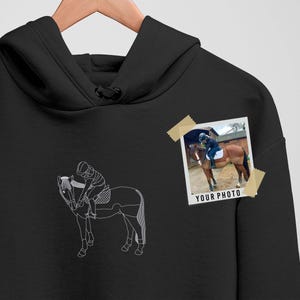 Personalised Horse Portrait Hoodie, Custom Line Art Sketch from Photo Hoodie, Rider Pony Cob, Pet Name Jumper, Christmas Equestrian Gifts