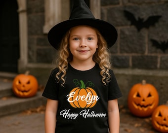 Personalised Pumpkin T-Shirt, Custom Kids Name Printed Shirt, Happy Halloween Kids Tee Tops, Spooky Season Shirts, Halloween Gifts for Kids