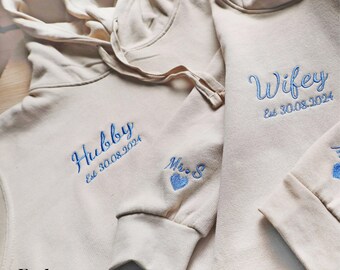 Custom Embroidered Wifey & Hubby Hoodie, Personalised Est Anniversary Date Hoodie, Couple Initials Matching Jumpers, Mr and Mrs Wedding Gift
