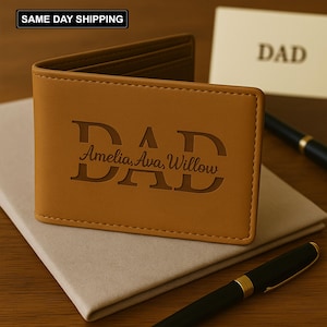 Custom Engraved Fathers Day Wallet, Personalised Kids Name Wallet, New Dad Wallet, Groomsmen Gift, Fathers Day Gift,  Birthday Gift for Him