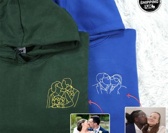 Custom Embroidered Portrait from Photo Hoodie, Personalised Hoodie with Picture, Couple Matching Outline Drawing Hoodie, Anniversary Gifts