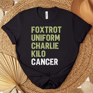 May include: Black t-shirt with the words "Foxtrot Uniform Charlie Kilo Cancer" printed in green and white. The shirt is displayed on a woven surface with a brown hat in the background.