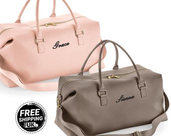 Personalised Name Printed Duffle Bag, Custom Monogram Bridesmaid Leather Bag, Overnight Travel Bag for Her, Weekend Bag, Christmas Gifts