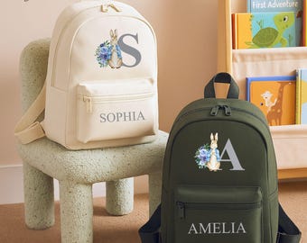 Mochila infantil personalizada, con nombre e inicial personalizados, mochila de conejito para guardería, regalo de vuelta al cole, regalo de cumpleaños infantil.