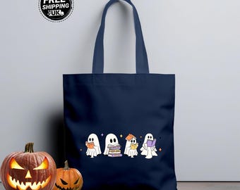 Tryckt tygväska med spökläsningsbok, Halloween-söta spöken i bomull, vintage läskiga spökenväska, Halloween-present till bokälskare