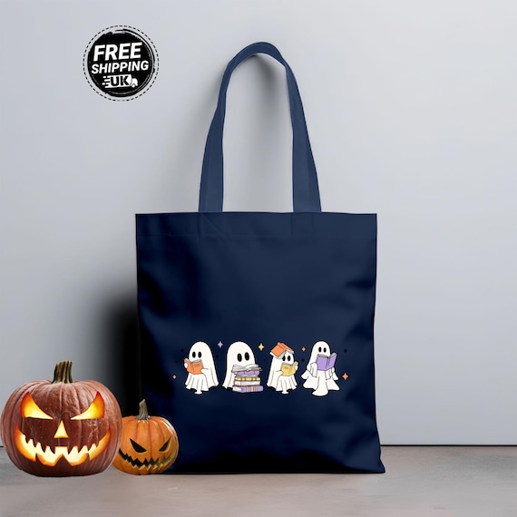 Ghost Reading Book Printed Tote Bag, Halloween Cute Ghosts Bookish Cotton Bags, Vintage Spooky Ghosts Bag, Halloween Gift for Book Lovers