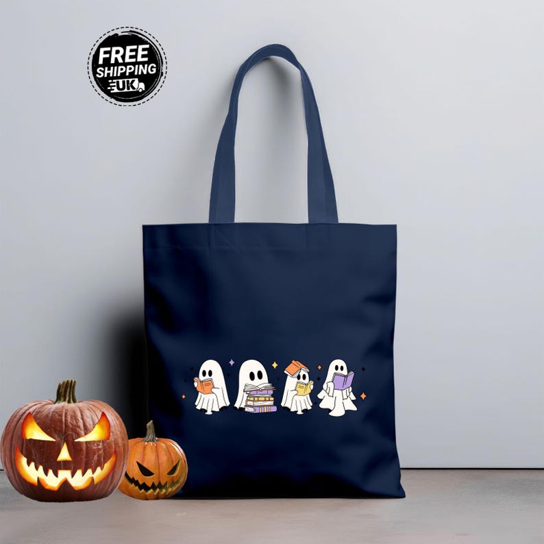 Ghost Reading Book Printed Halloween Tote Bag, Halloween Spooky Bookish Tote Bag,