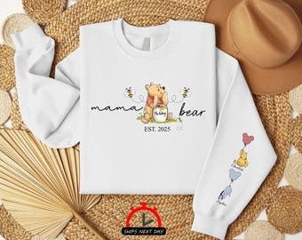 Personalised Mama Bear Sweatshirt, Custom Mum Sweater with Kids Names on Sleeve, Momma Bear Est Printed Crewneck Jumper,  Mother's Day Gifts
