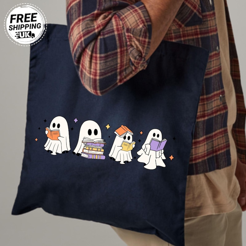 Ghost Reading Book Printed Tote Bag, Halloween Cute Ghosts Bookish Cotton Bags, Vintage Spooky Ghosts Bag, Halloween Gift for Book Lovers French Navy