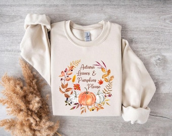 Feuilles d'automne et pull citrouille, sweat-shirt assorti pour Thanksgiving, pull imprimé automne automne, pull de la saison effrayante, cadeaux pour elle