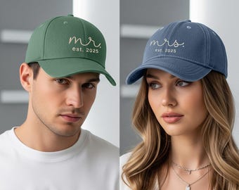 Personalised Mr & Mrs Embroidered Hats, Custom Wedding Est Date Hats, Couple Matching Honeymoon Gifts, Just Married Caps, Engagement Gifts