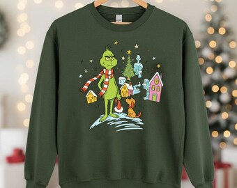 Sudadera navideña del Grinch, suéter navideño retro de cuello redondo, jersey navideño para mujer con estampado navideño, regalos festivos del Grinch.